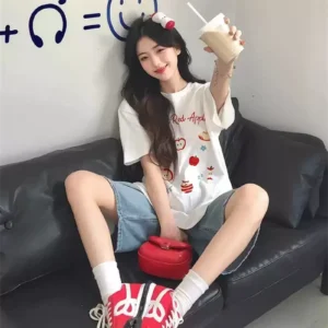 純棉打底衫慵懶寬松卡通印花圓領短袖大碼T恤