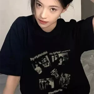 純棉打底衫慵懶寬松人物印花圓領短袖大碼T恤