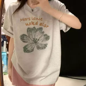 純棉打底衫慵懶寬松字母印花圓領短袖大碼T恤