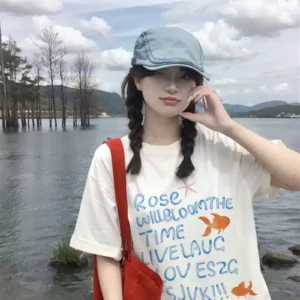 純棉打底衫慵懶寬松字母印花圓領短袖大碼T恤