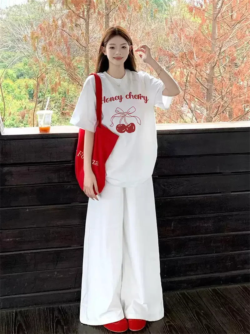 純棉打底衫慵懶寬松字母印花圓領短袖大碼T恤