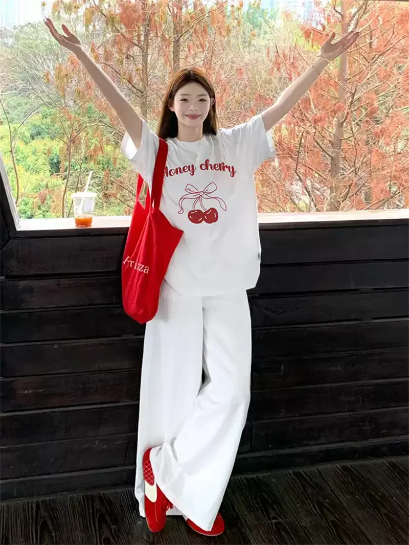 純棉打底衫慵懶寬松字母印花圓領短袖大碼T恤:圖片 2