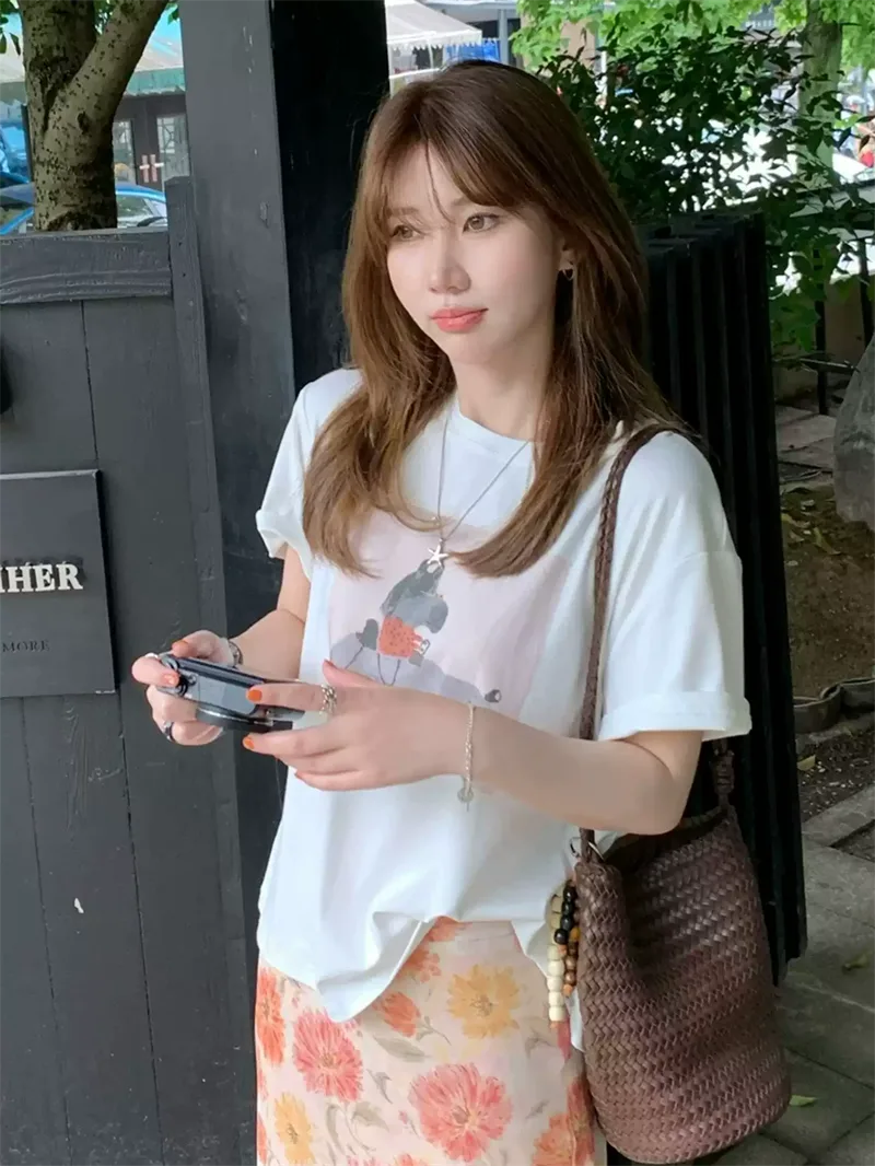 純棉打底衫慵懶寬松卡通印花圓領短袖大碼T恤:圖片 3