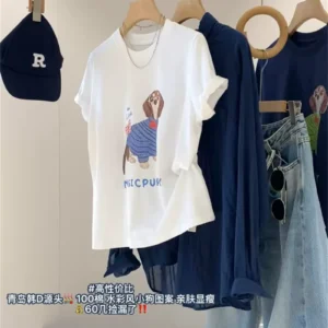 純棉打底衫慵懶寬松卡通印花圓領短袖大碼T恤