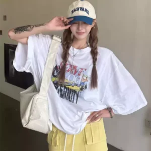 純棉打底衫慵懶寬松卡通印花圓領短袖大碼T恤