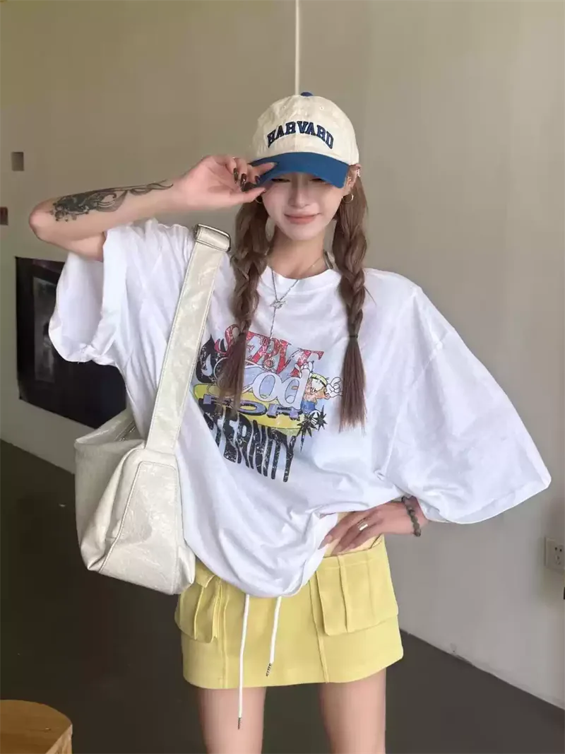 純棉打底衫慵懶寬松卡通印花圓領短袖大碼T恤
