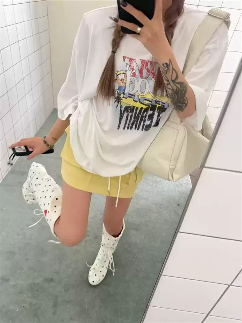 純棉打底衫慵懶寬松卡通印花圓領短袖大碼T恤:圖片 3
