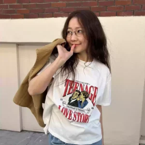 純棉打底衫慵懶寬松字母印花圓領短袖大碼T恤