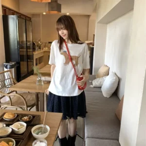 純棉打底衫慵懶寬松小狗印花圓領短袖大碼T恤