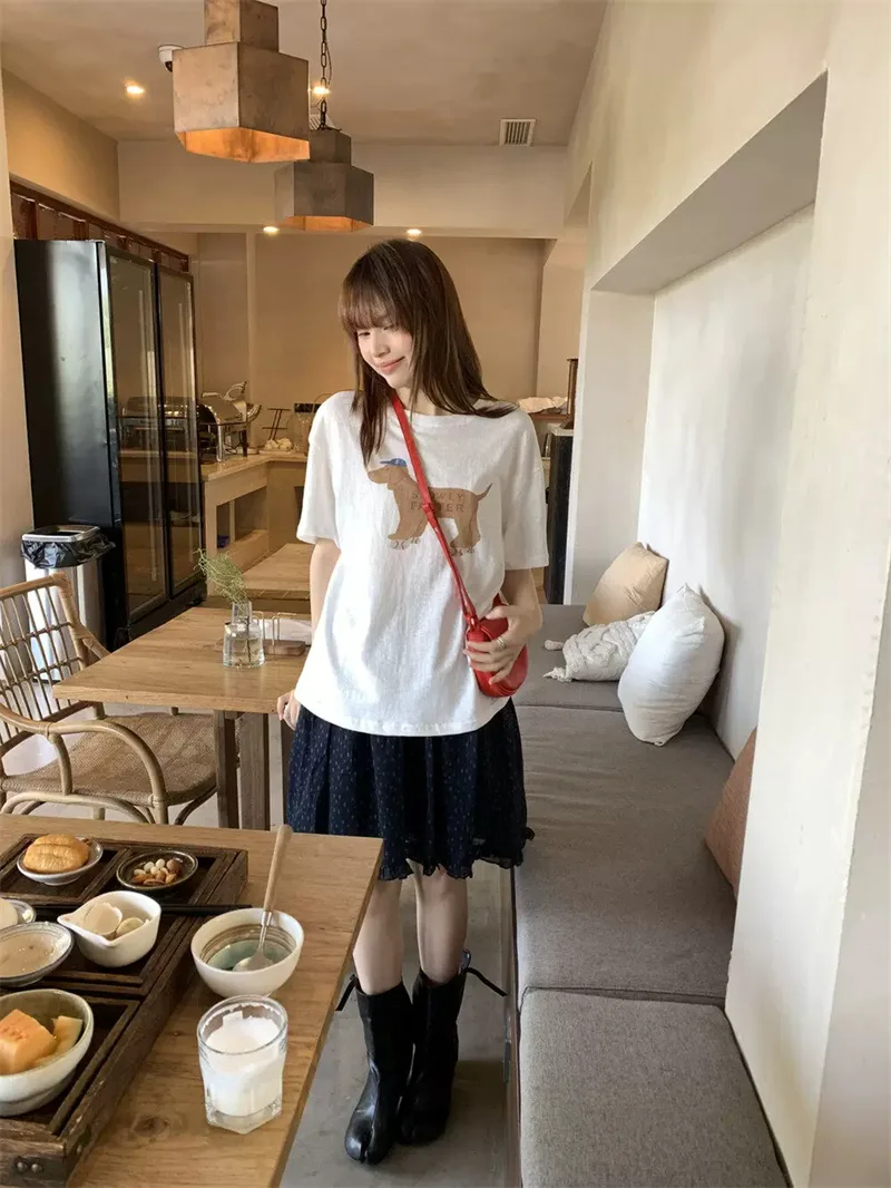純棉打底衫慵懶寬松小狗印花圓領短袖大碼T恤