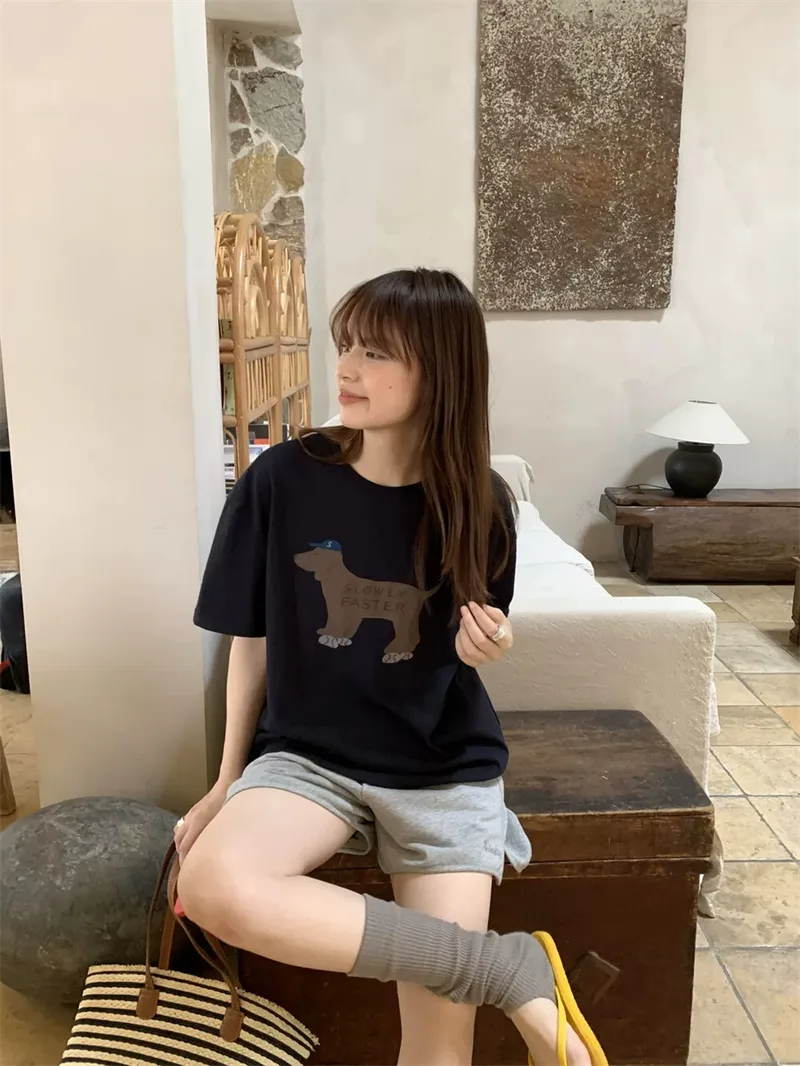 純棉打底衫慵懶寬松小狗印花圓領短袖大碼T恤 商品細節 2