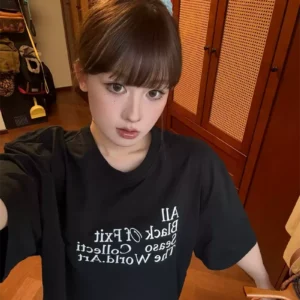 純棉打底衫慵懶寬松字母印花圓領短袖大碼T恤