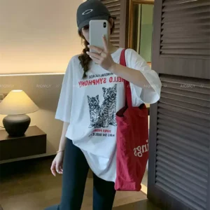 純棉打底衫慵懶寬松貓咪印花圓領短袖大碼T恤