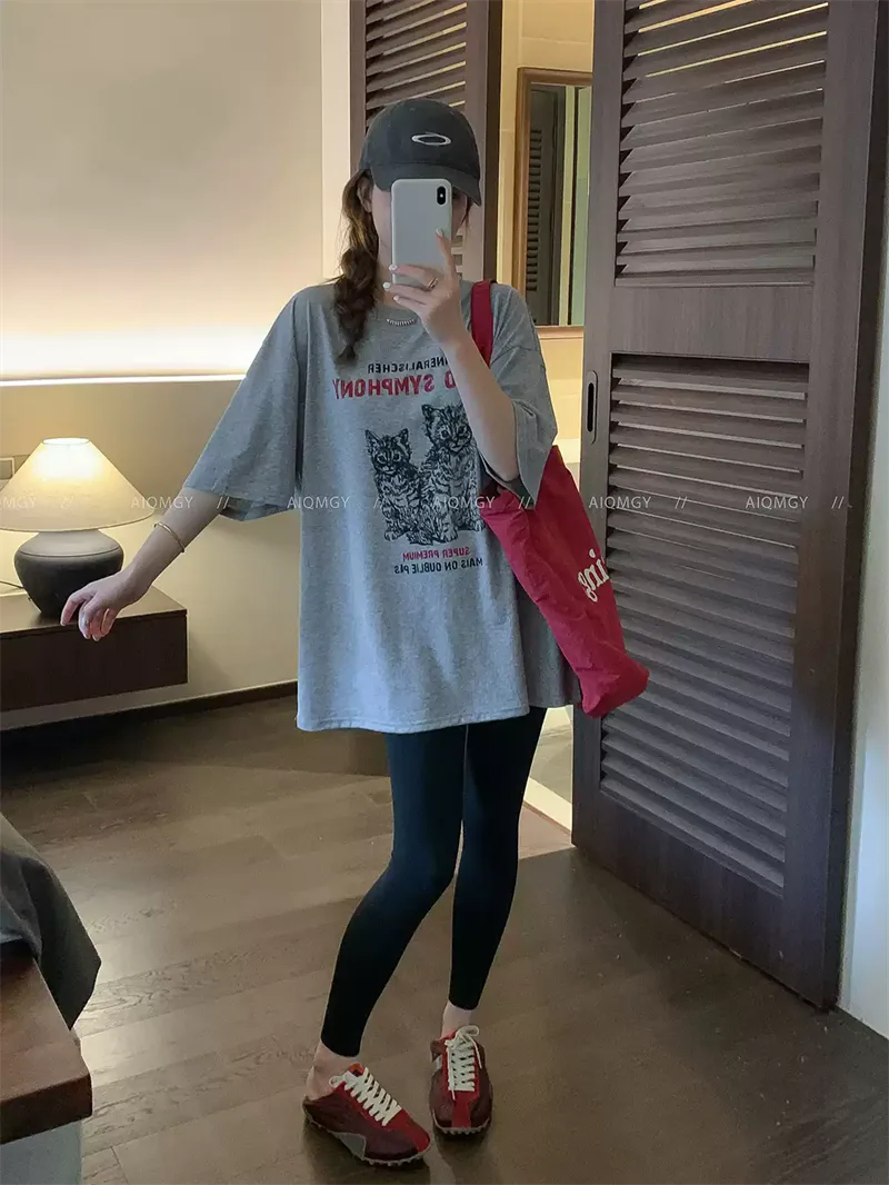 純棉打底衫慵懶寬松貓咪印花圓領短袖大碼T恤 商品細節 1