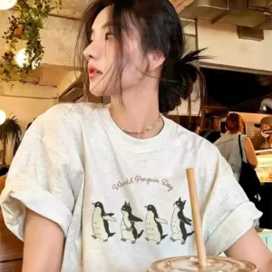 純棉打底衫慵懶寬松企鵝印花圓領短袖大碼T恤