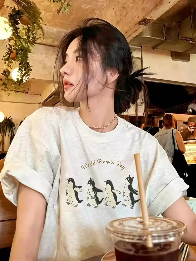 純棉打底衫慵懶寬松企鵝印花圓領短袖大碼T恤
