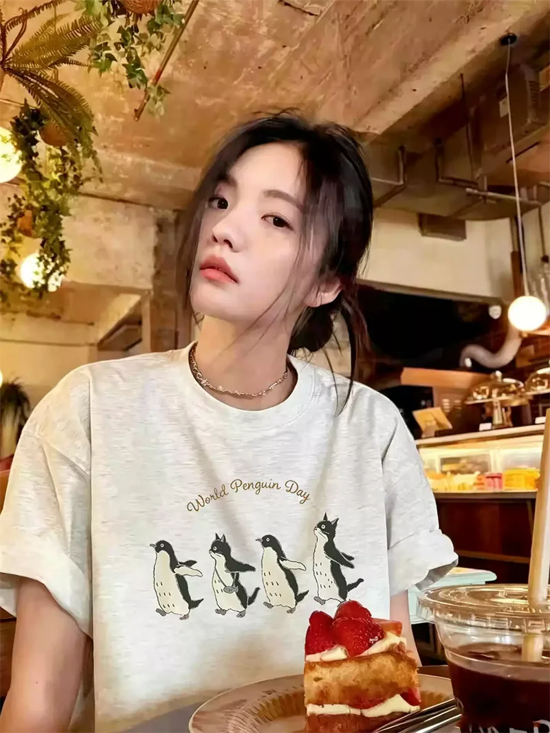 純棉打底衫慵懶寬松企鵝印花圓領短袖大碼T恤:圖片 2