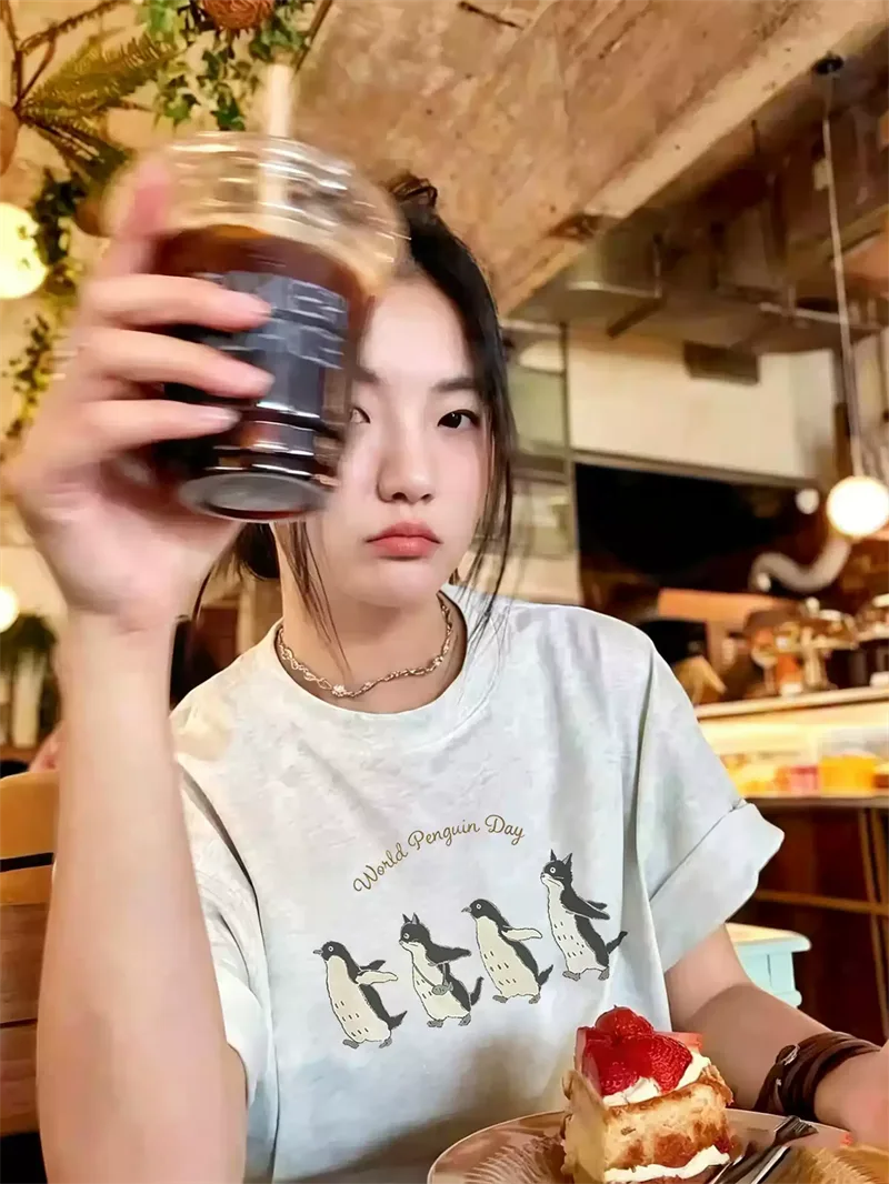 純棉打底衫慵懶寬松企鵝印花圓領短袖大碼T恤 商品細節 2