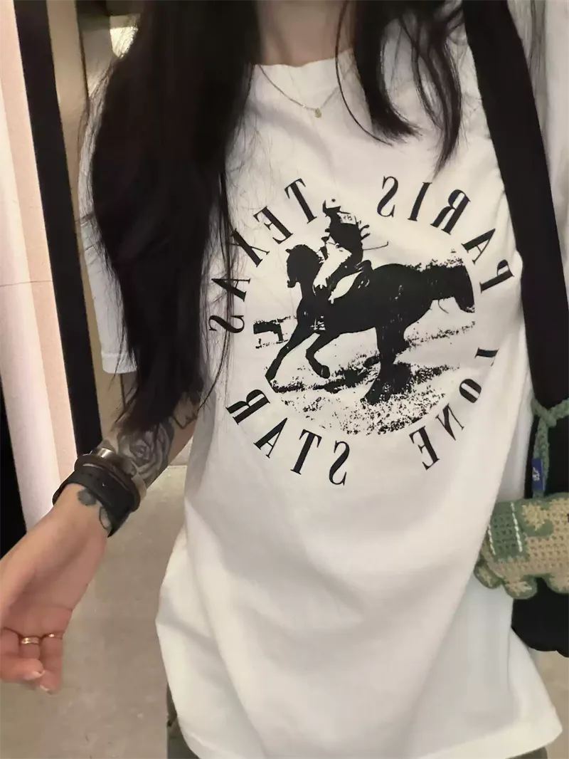 純棉打底衫慵懶寬松字母印花圓領短袖大碼T恤:圖片 5