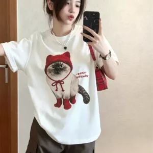 純棉打底衫慵懶寬松卡通印花圓領短袖大碼T恤