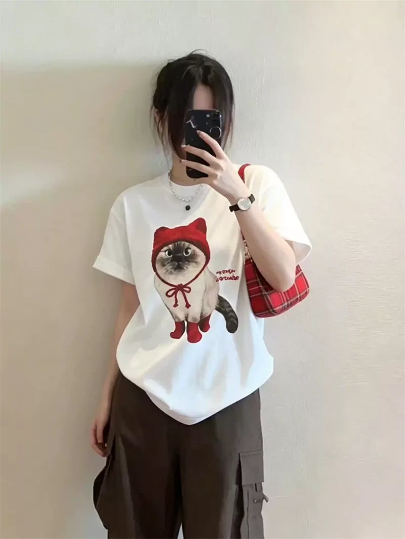 純棉打底衫慵懶寬松卡通印花圓領短袖大碼T恤:圖片 2