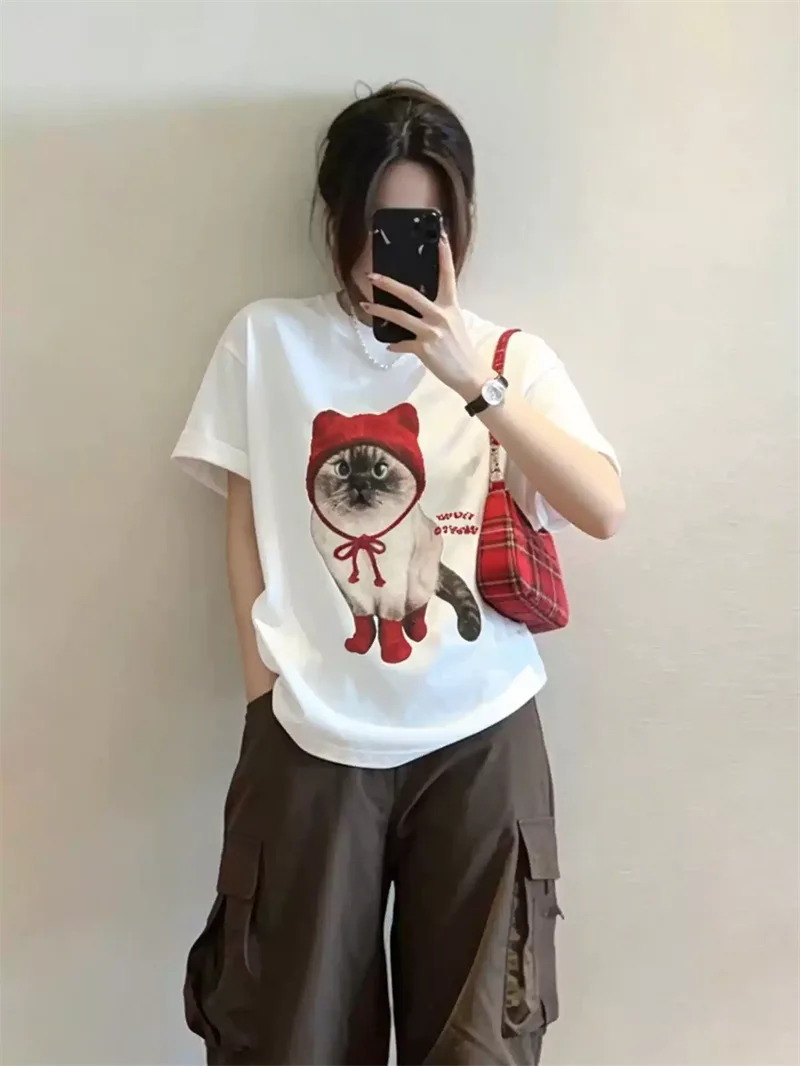 純棉打底衫慵懶寬松卡通印花圓領短袖大碼T恤:圖片 4