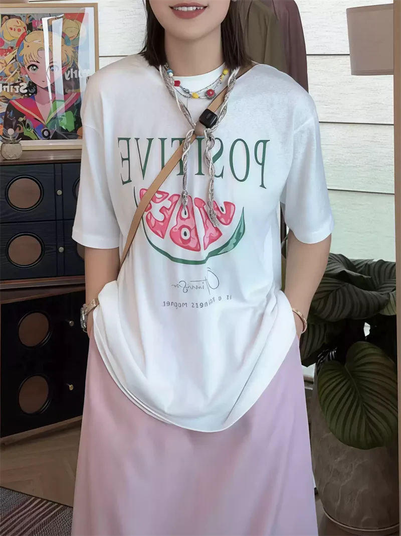 純棉打底衫慵懶寬松字母印花圓領短袖大碼T恤 商品細節 3