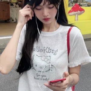 雪花棉白色短袖T恤薄款設計感印花釘珠小眾圓領寬松上衣