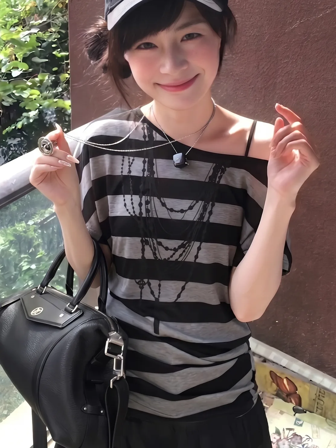 美式風條紋黑灰印花斜肩設計感蝙蝠袖T恤小眾收腰上衣 商品細節 4