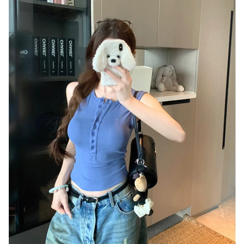 260克人棉純欲小眾亨利領工字收腰紐扣背心上衣無袖小衫 商品細節 1