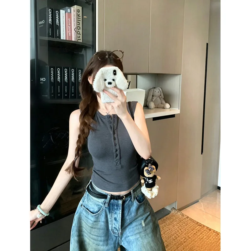 260克人棉純欲小眾亨利領工字收腰紐扣背心上衣無袖小衫:圖片 5