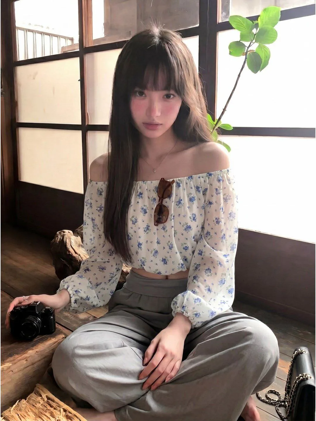 法式一字肩碎花燈籠袖雪紡襯衫女設計感小眾氣質收腰短款上衣 商品細節 1