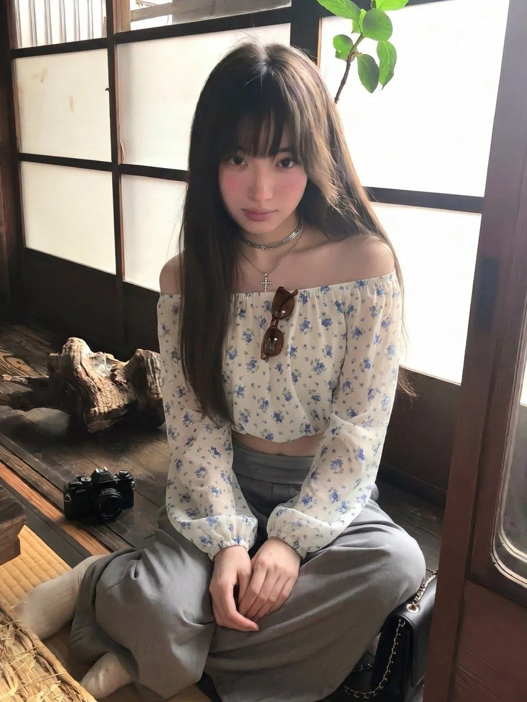 法式一字肩碎花燈籠袖雪紡襯衫女設計感小眾氣質收腰短款上衣:圖片 3