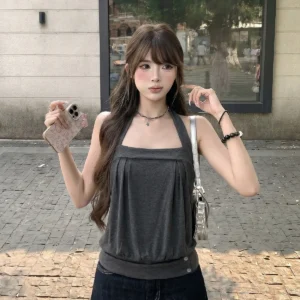 人棉深灰色掛脖背心設計感花苞無袖抹胸吊帶小上衣