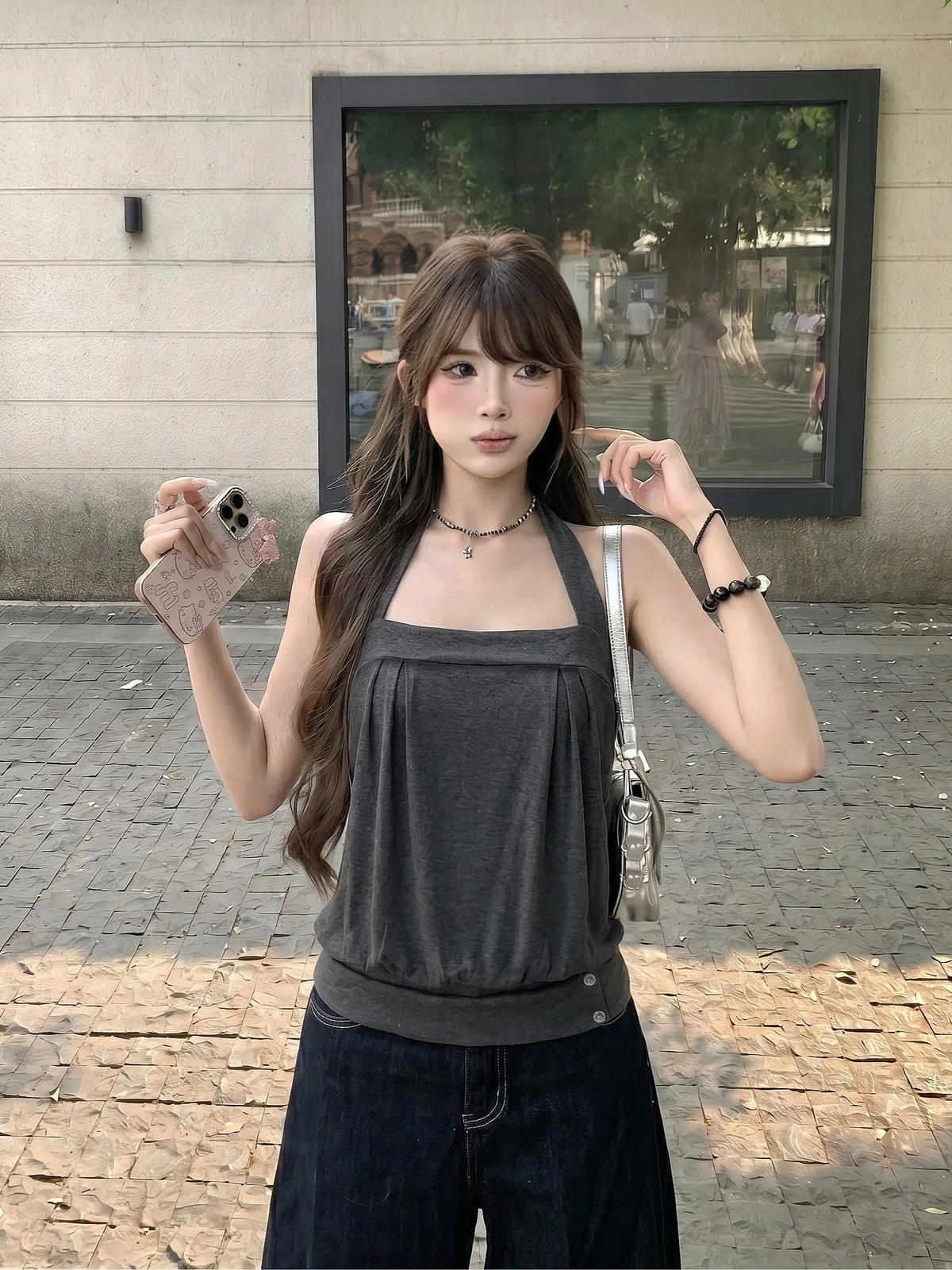 人棉深灰色掛脖背心設計感花苞無袖抹胸吊帶小上衣