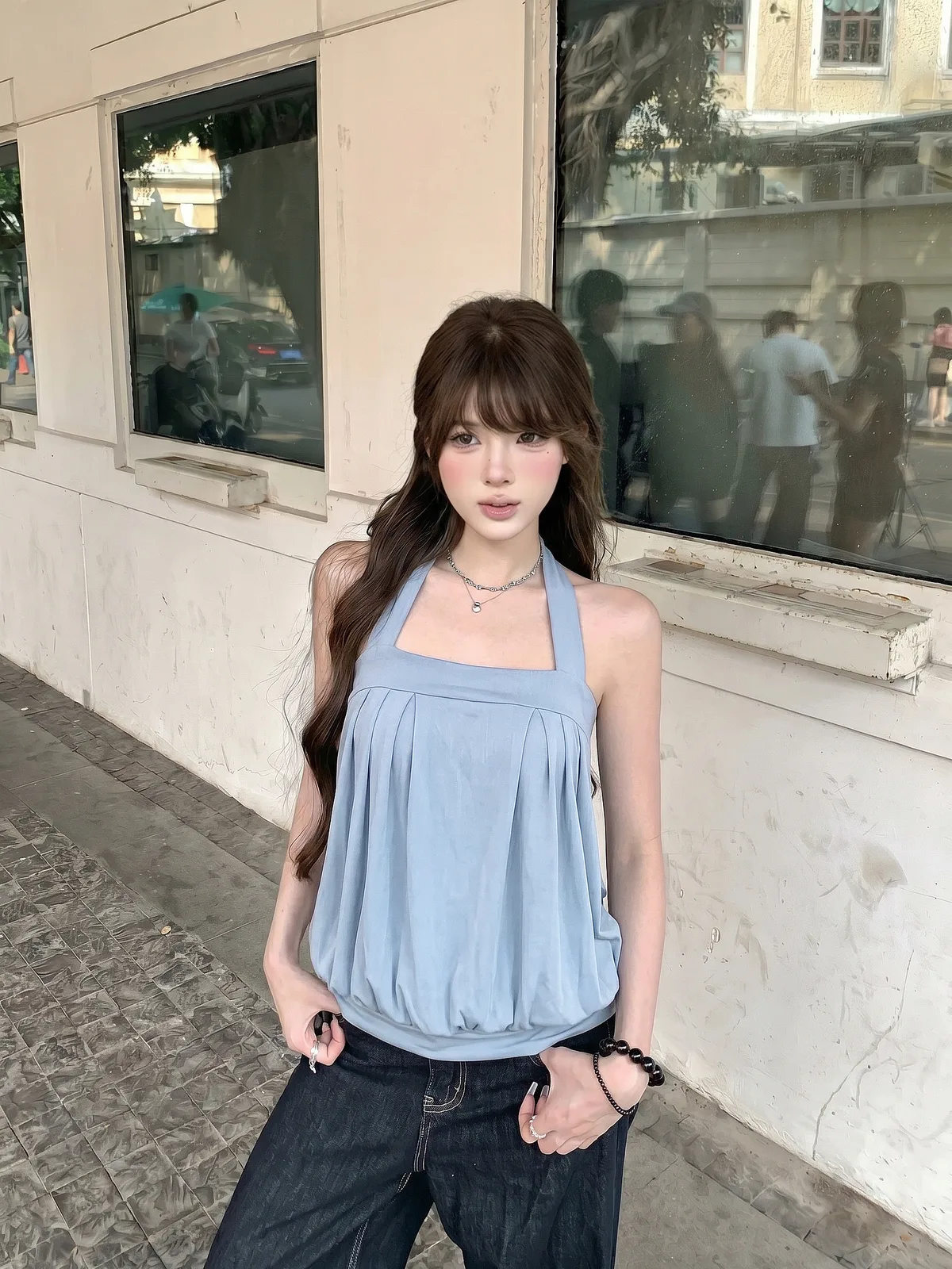 人棉深灰色掛脖背心設計感花苞無袖抹胸吊帶小上衣 商品細節 1