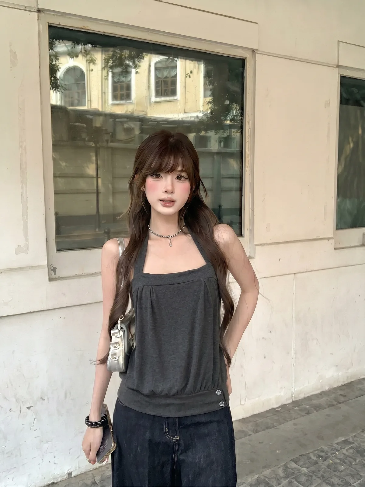 人棉深灰色掛脖背心設計感花苞無袖抹胸吊帶小上衣 商品細節 2