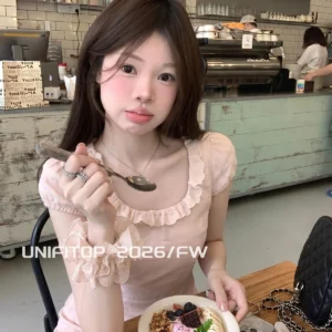 沙棉平紋甜美風花邊短袖襯衫女設計感收腰小上衣