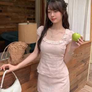 沙棉平紋少女感方領短袖襯衫減齡拼接女收腰粉色小眾上衣