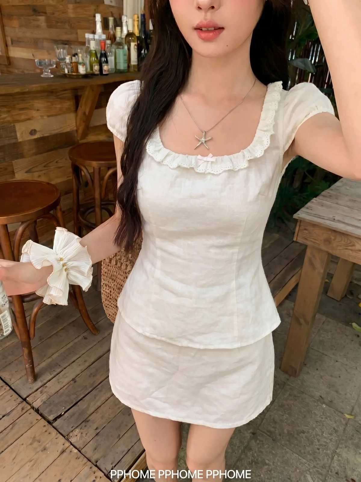 沙棉平紋少女感方領短袖襯衫減齡拼接女收腰粉色小眾上衣 商品細節 1