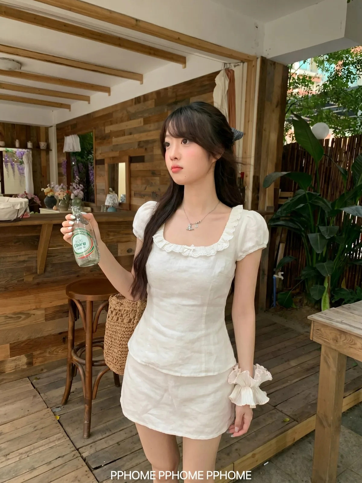 沙棉平紋少女感方領短袖襯衫減齡拼接女收腰粉色小眾上衣 商品細節 3