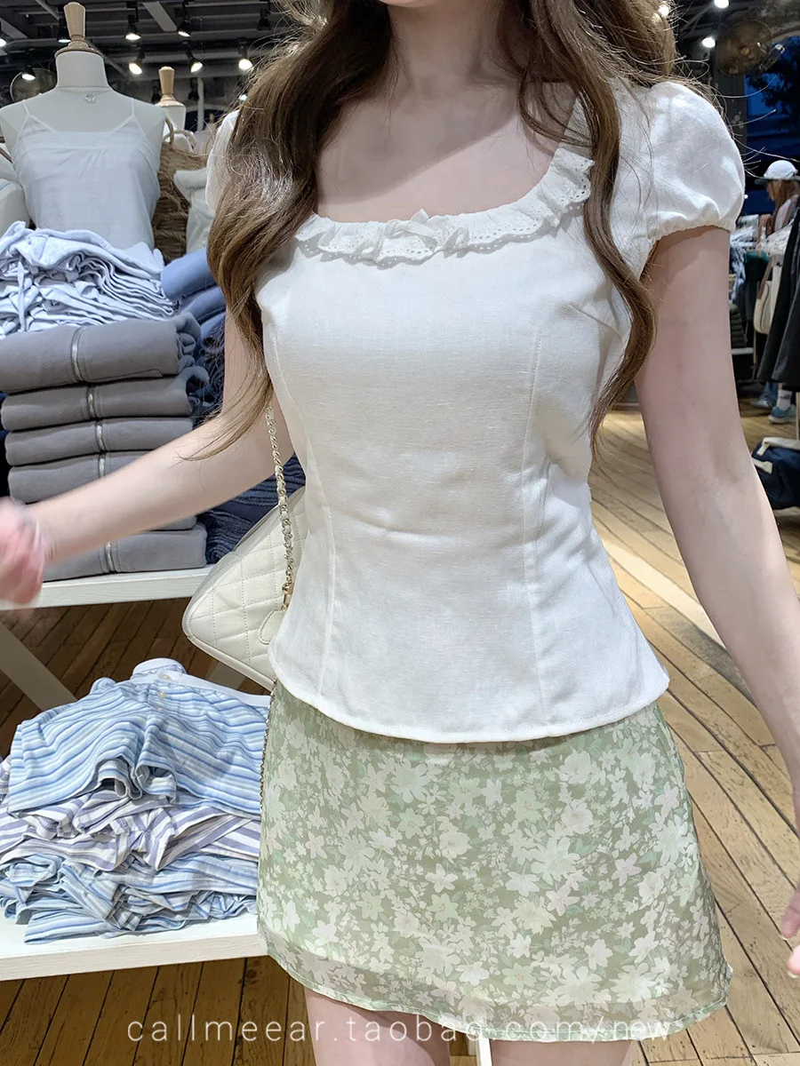 沙棉平紋短袖襯衫女方領花邊拼接收腰小眾甜美少女感修身上衣 商品細節 1