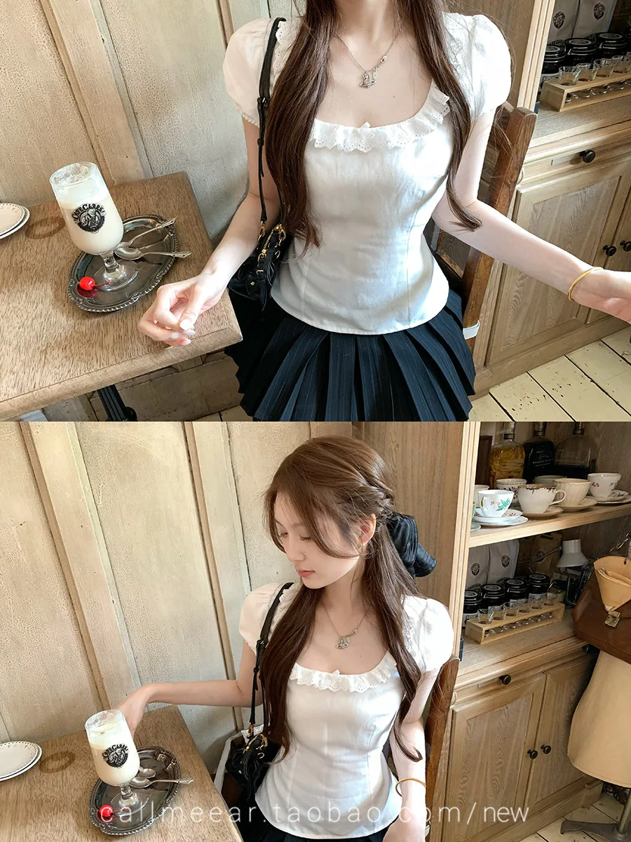 沙棉平紋短袖襯衫女方領花邊拼接收腰小眾甜美少女感修身上衣 商品細節 2
