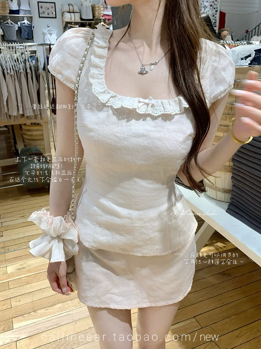 沙棉平紋短袖襯衫女方領花邊拼接收腰小眾甜美少女感修身上衣 商品細節 3