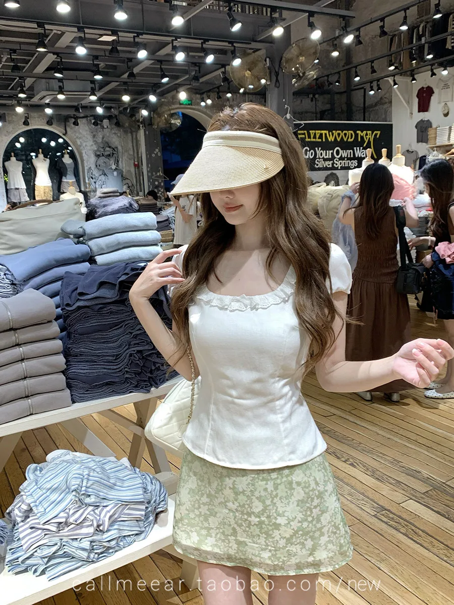 沙棉平紋短袖襯衫女方領花邊拼接收腰小眾甜美少女感修身上衣 商品細節 4