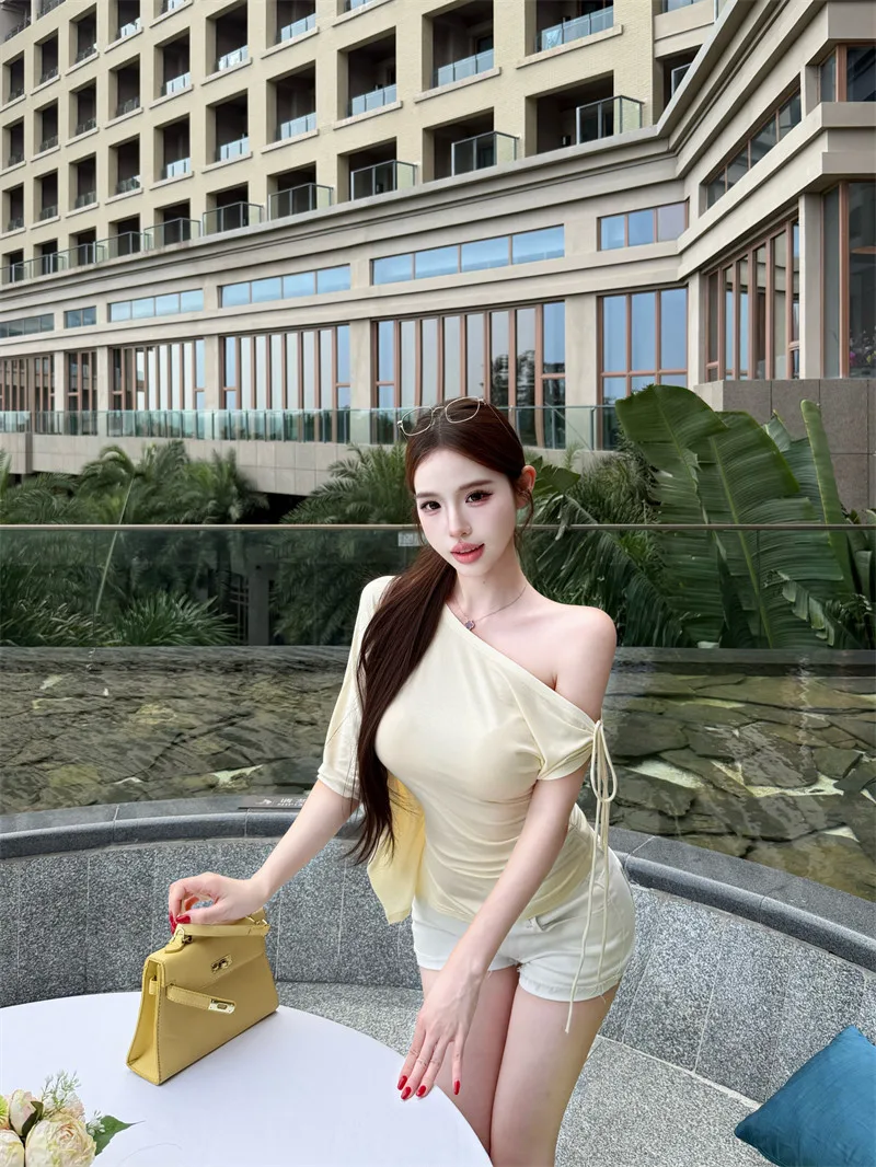 萊賽爾氣質褶皺收腰斜肩短袖T恤法式chic露肩小眾上衣 商品細節 4