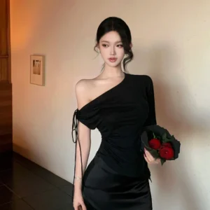 萊賽爾斜肩不對稱上衣女小眾飄繩設計感收腰短袖T恤
