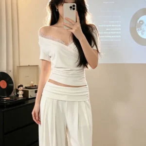 260克人棉溫柔風獨特超好看V領收腰短袖T恤小眾不撞款上衣