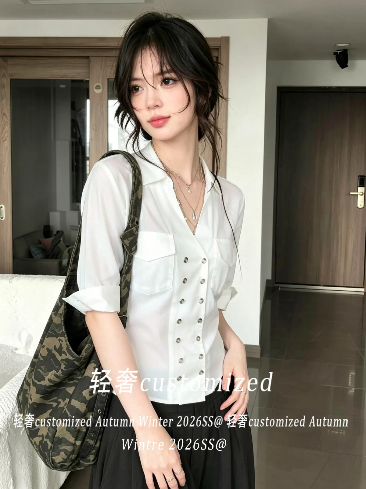 原版面料 雙排扣收腰修身翻領法式休閒氣質襯衫上衣:圖片 3