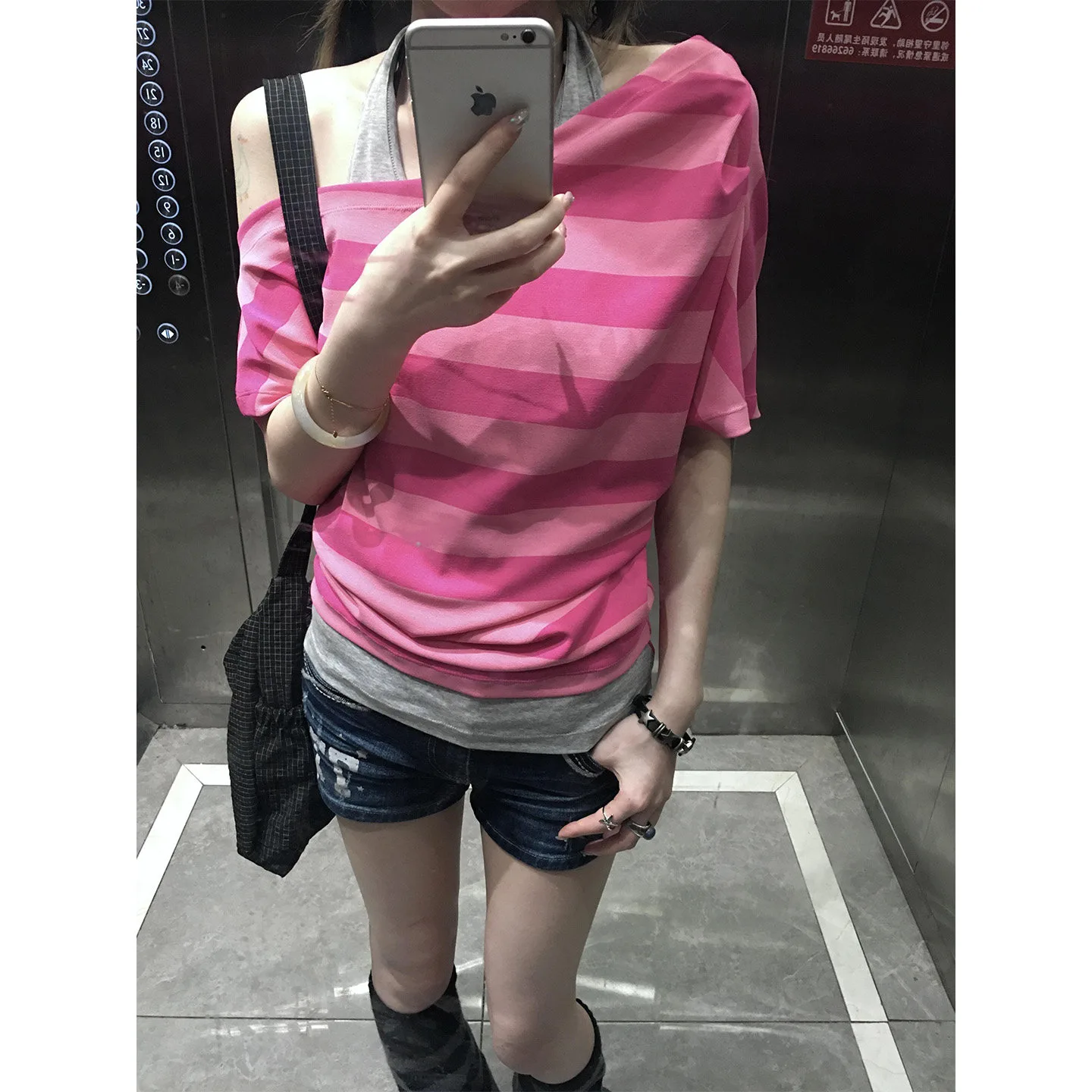 原版面料莓果色條紋吊帶斜肩假兩件短袖t恤女設計感上衣 商品細節 4